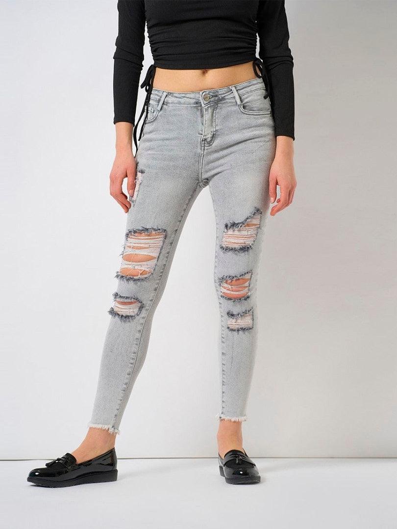 Jeans 5 poches taille haute gris destroy