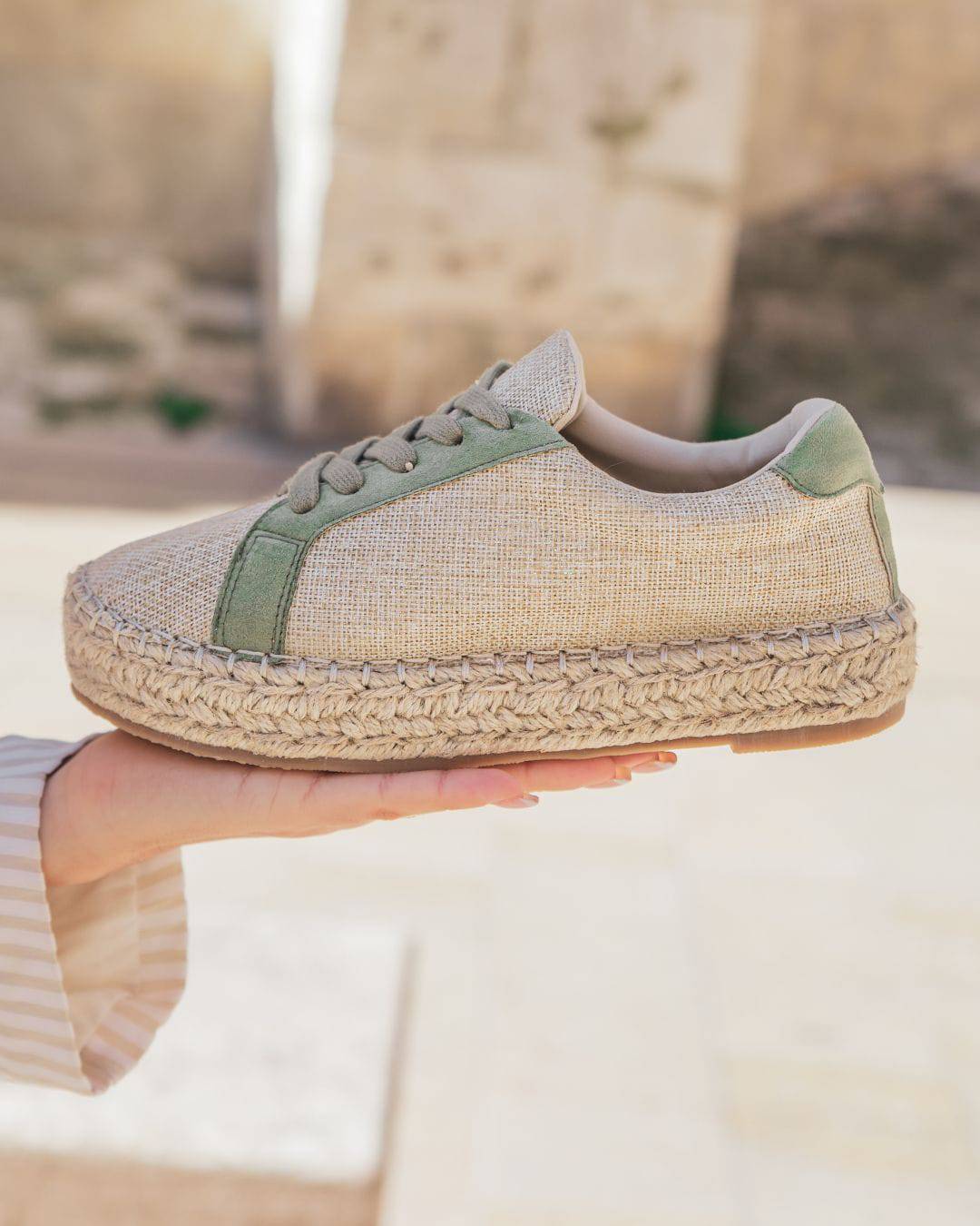 Basket espadrille femme beige et kaki à lacets – Jennifer