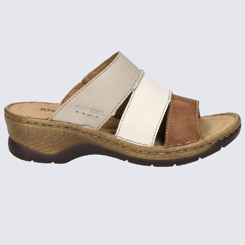 Mules Josef Seibel, mules à bouts ouverts femme en cuir cognac/beige