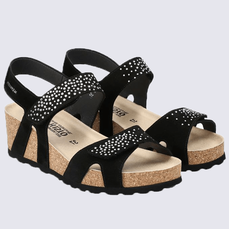 Sandales Mephisto, sandales à talons à strass femme en cuir velours noir